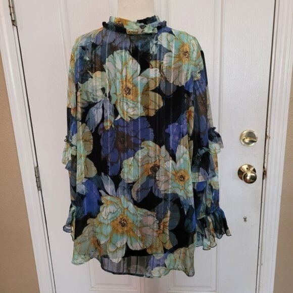 2 Piece Susan Graver Blouse Chiffon Top Blue Floral  Tank Top Career Work 1X - Picture 8 of 9